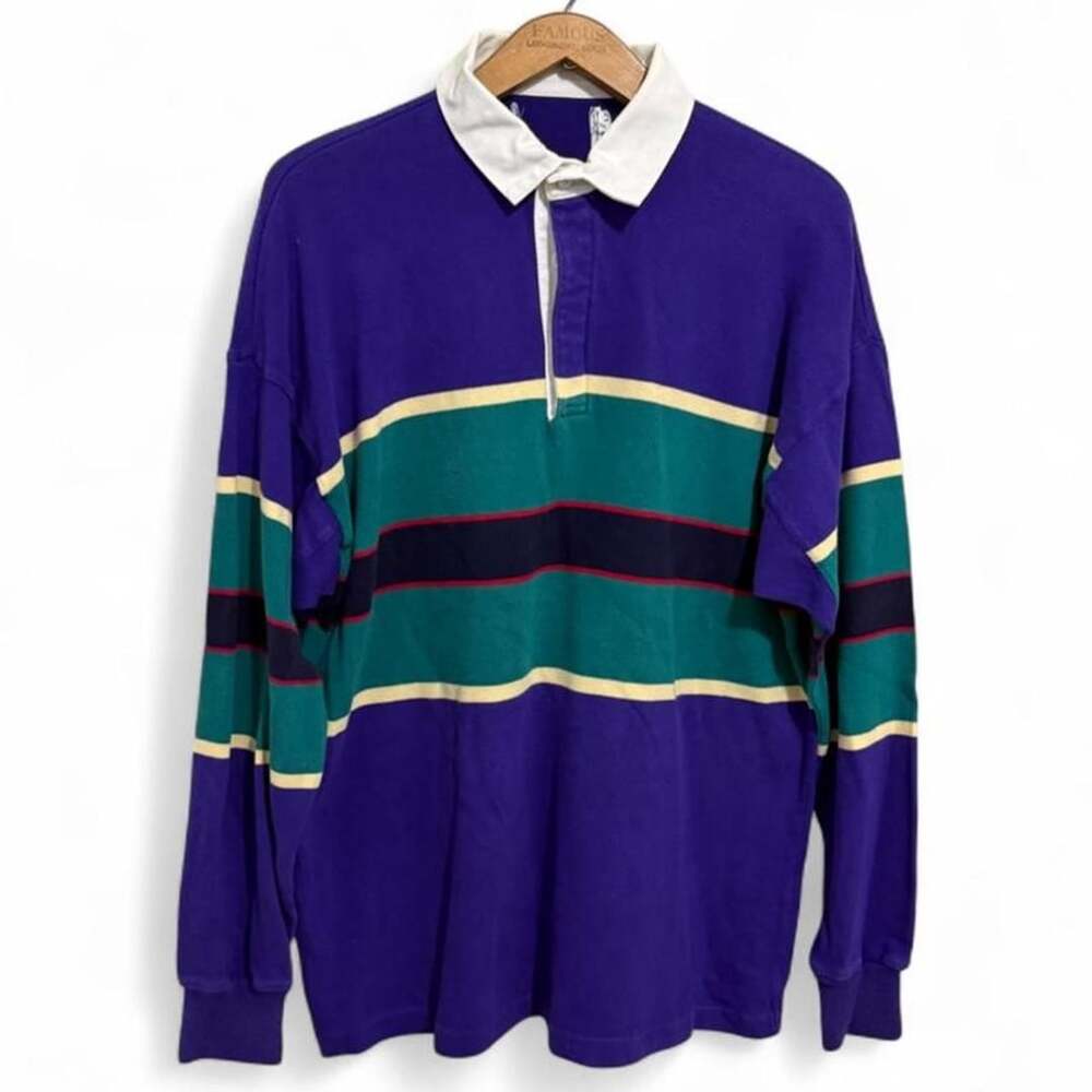Vintage Striped Rugby Shirt Size L Purple Teal Multi Colorblock